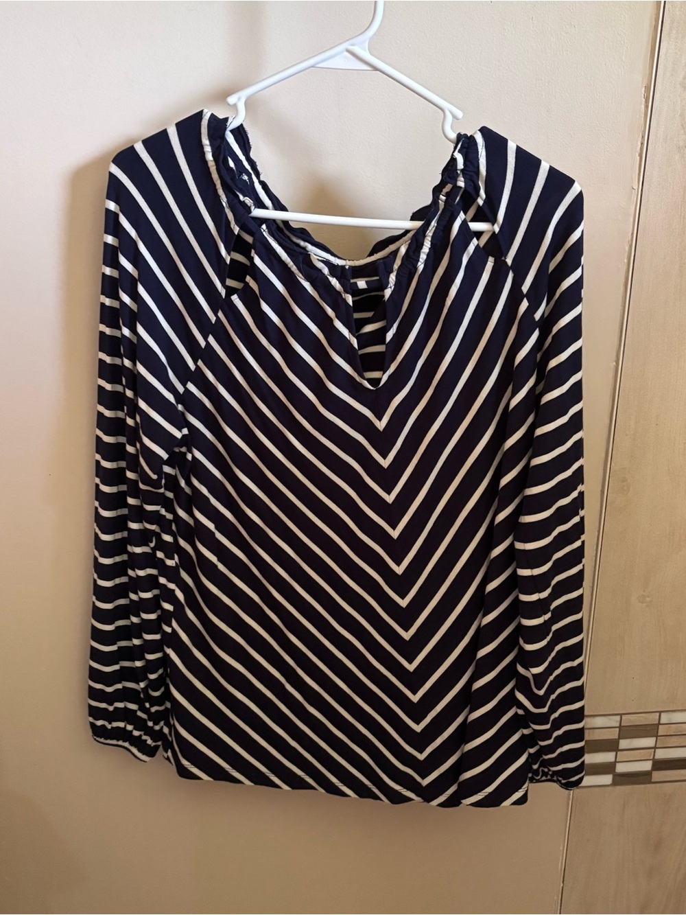 Chico’s Striped Navy White Long-Sleeve Neck Nautical Coastal Top Size 1 Medium